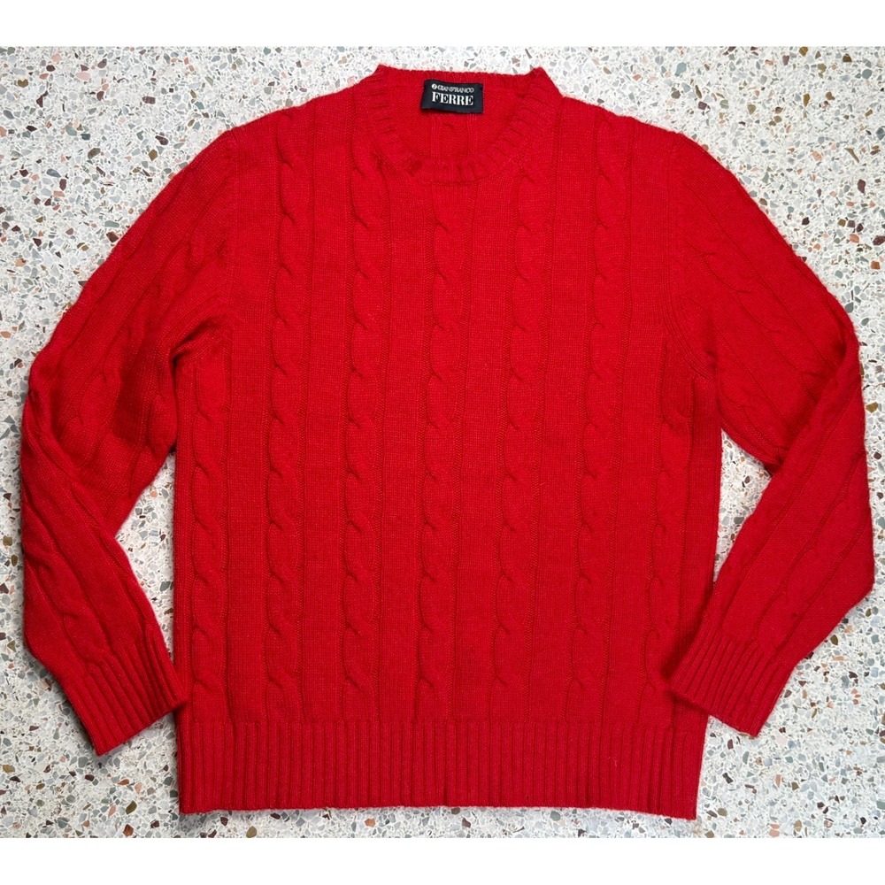 Gianfranco Ferre Men's Red Cable Knit 100% Cashmere‎ Long Sleeve Sweater Size M